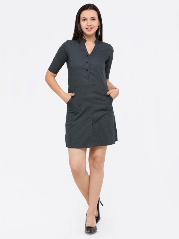 Greyish Blue Round Split Short Sleeve Cotton Midi Dress